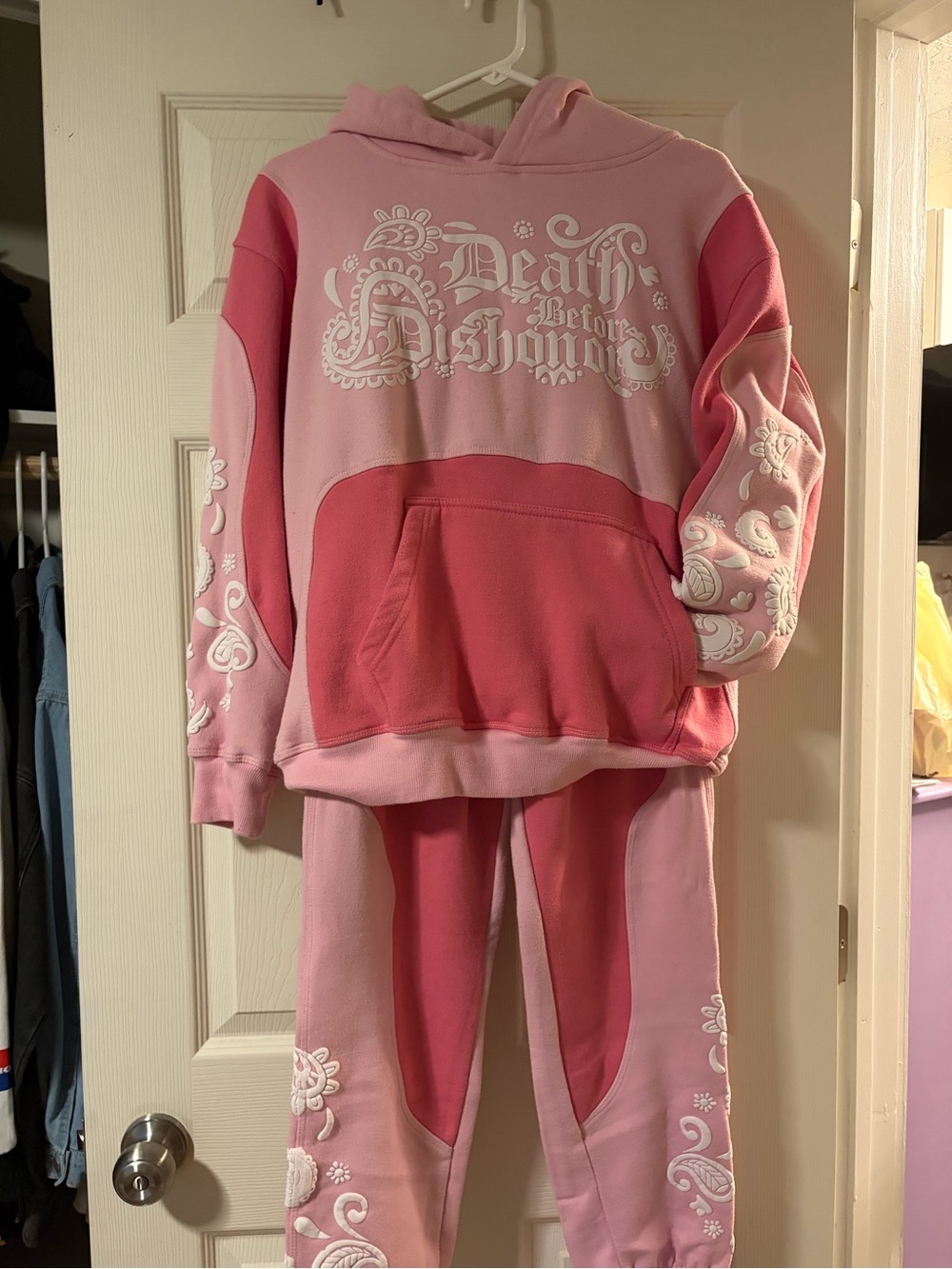 Pink Two-Tone Hoodie & Jogger Set with White Graphic